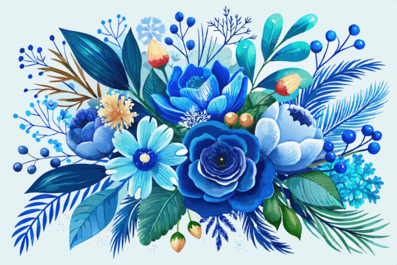 Download Blue Watercolor Winter Flowers Bouquet - Flower Collection