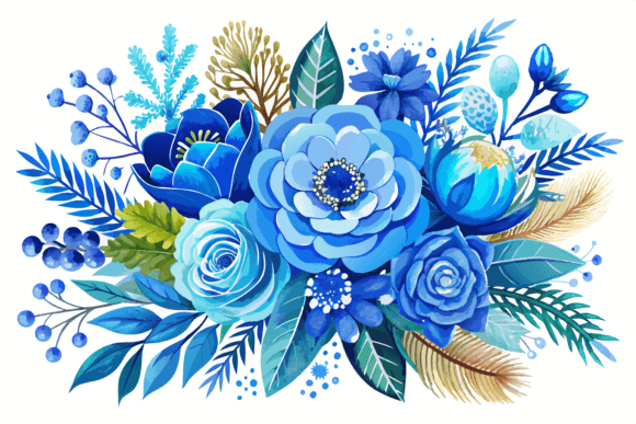 Download Blue Watercolor Winter Flowers Bouquet - Flower Collection