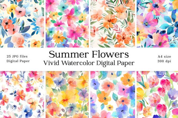 Download Summer Flowers Watercolor Digital Paper - Flower Collection