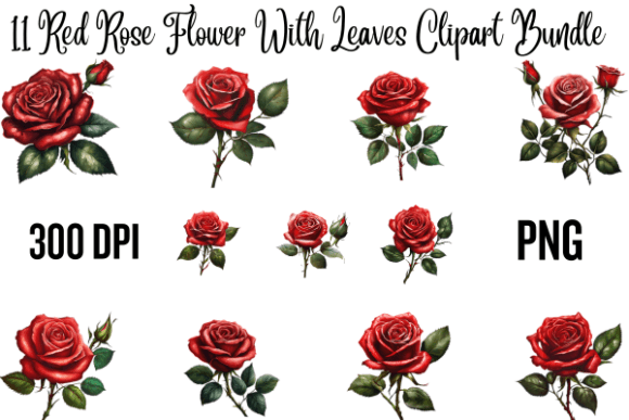 Download Red Rose Flower with Leaves Clipart Bund - Flower Collection