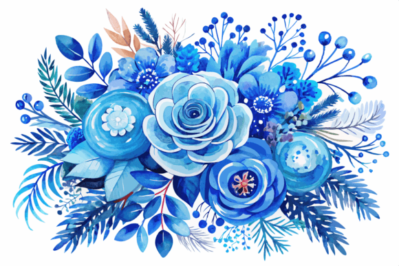 Download Blue Watercolor Winter Flowers Bouquet - Flower Collection